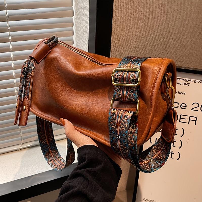 Graphic Pattern Zipper Crossbody Bag With Wide Strap