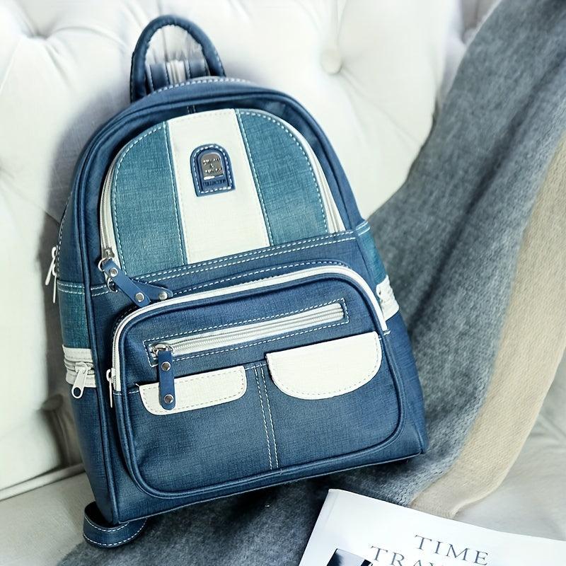 Vintage Denim Backpack Top Handle PU Leather Daypack Mini Schoolbag