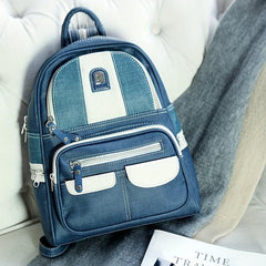 Vintage Denim Backpack Top Handle PU Leather Daypack Mini Schoolbag