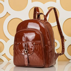 Glossy Solid Large Capacity Backpack PU Leather Textured School Daypack