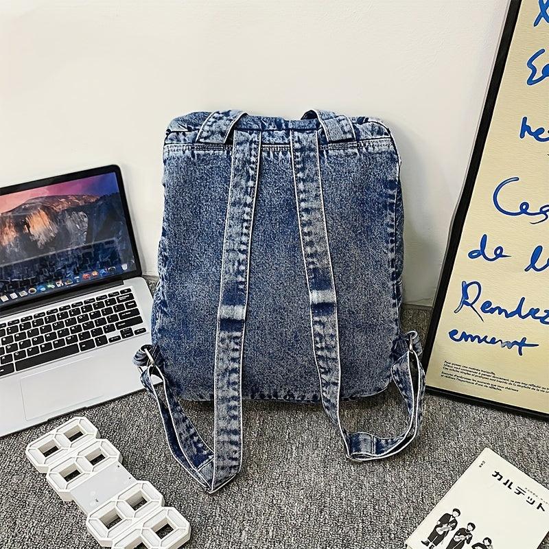 Large Denim Zipper Backpack Stylish Rucksack Women's Travel Bag