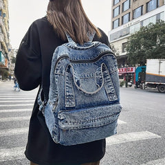 Large Denim Zipper Backpack Stylish Rucksack Women's Travel Bag