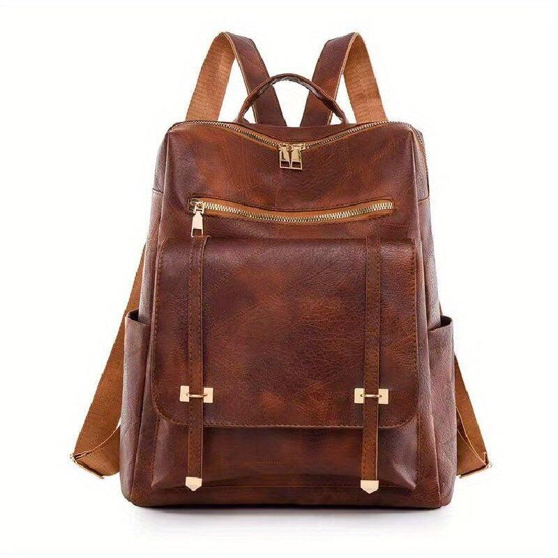 Brown PU Leather Backpack Waterproof Vintage Style Large Capacity