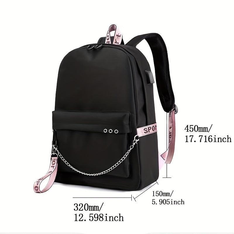 Kpop Chain Decor Backpack Nylon Travel Rucksack Schoolbag
