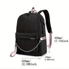 Kpop Chain Decor Backpack Nylon Travel Rucksack Schoolbag
