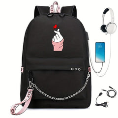 Kpop Chain Decor Backpack Nylon Travel Rucksack Schoolbag