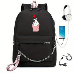 Kpop Chain Decor Backpack Nylon Travel Rucksack Schoolbag
