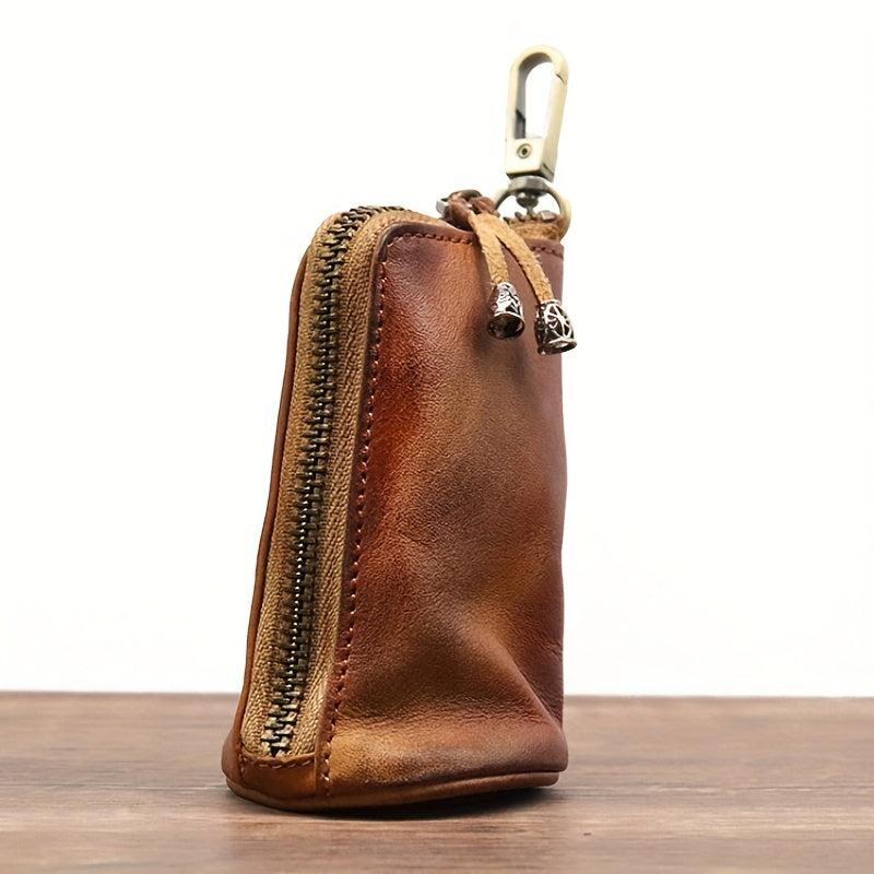 Men's Leather Key Bag Large Capacity Vintage Zipper Key Bag Holder Coin Purse