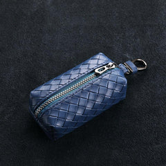 Vintage Woven Leather Key Bag Portable Coin Purse Zipper Large Capacity
