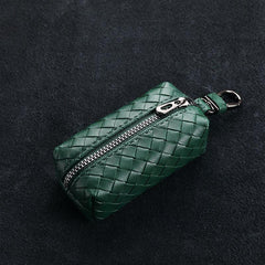 Vintage Woven Leather Key Bag Portable Coin Purse Zipper Large Capacity