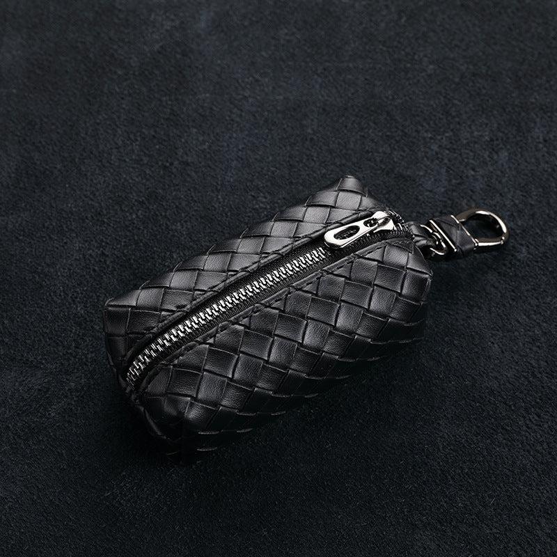 Vintage Woven Leather Key Bag Portable Coin Purse Zipper Large Capacity