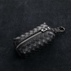 Vintage Woven Leather Key Bag Portable Coin Purse Zipper Large Capacity