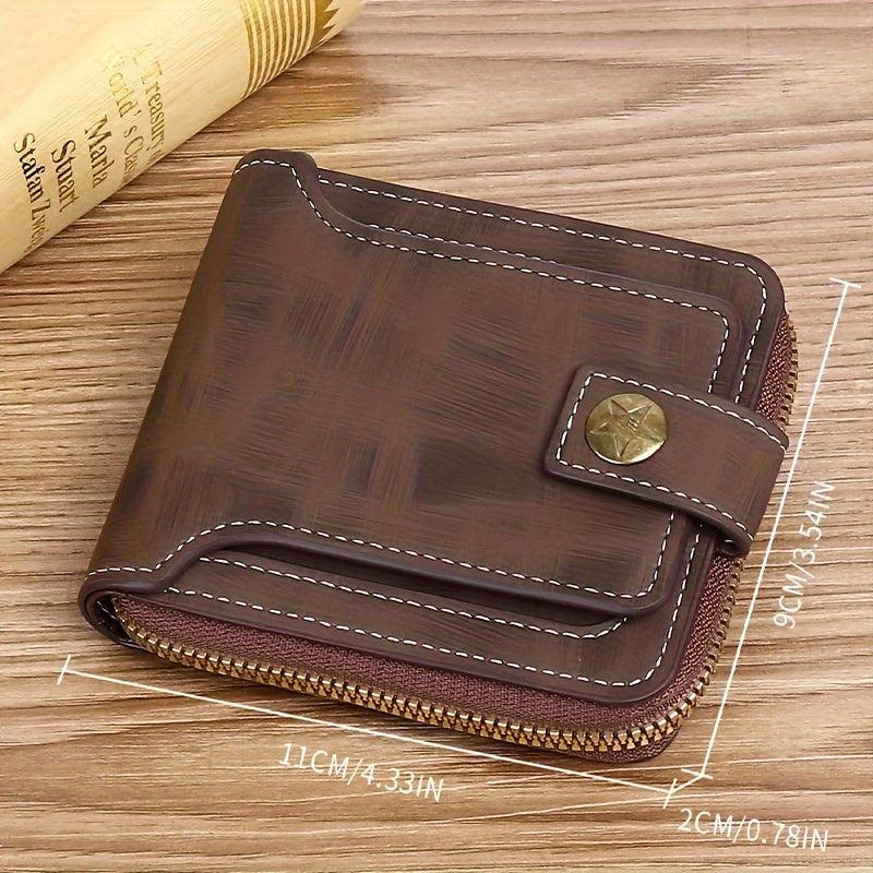 Men's PU Button Decor Zipper Credit Card Holder Bifold Wallet