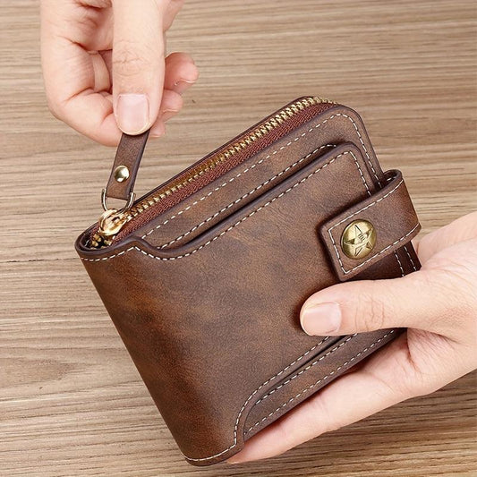 Men's PU Button Decor Zipper Credit Card Holder Bifold Wallet