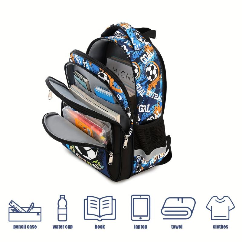 Football Print Backpack for Boys, Lightweight, Waterproof, Large Capacity