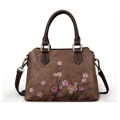 Vintage Floral Top Grain Leather Handbag Red & Coffee