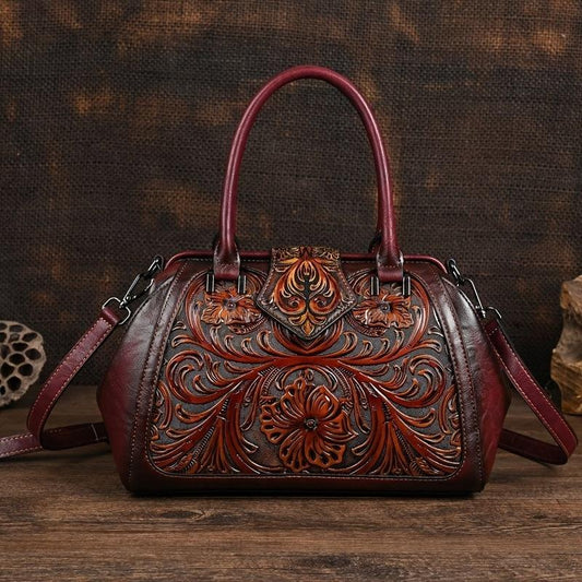Vintage Floral Embossed Tote Bags Brown Red Green w/ Removable Straps