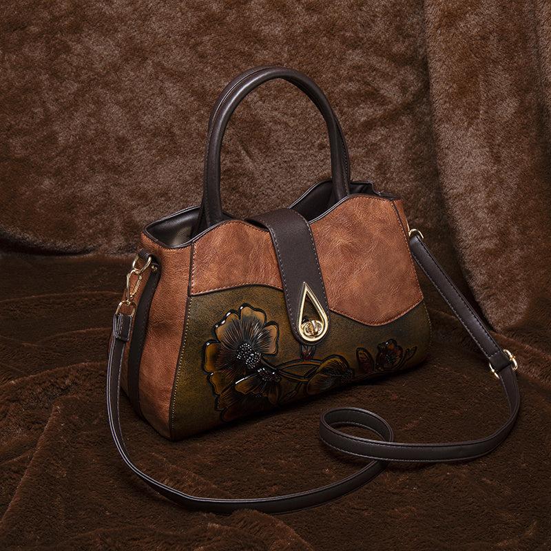 Vintage Floral Embossed Handbag for Women Large Capacity Deep Brown