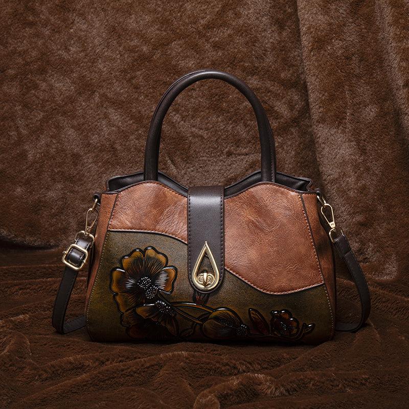 Vintage Floral Embossed Handbag for Women Large Capacity Deep Brown