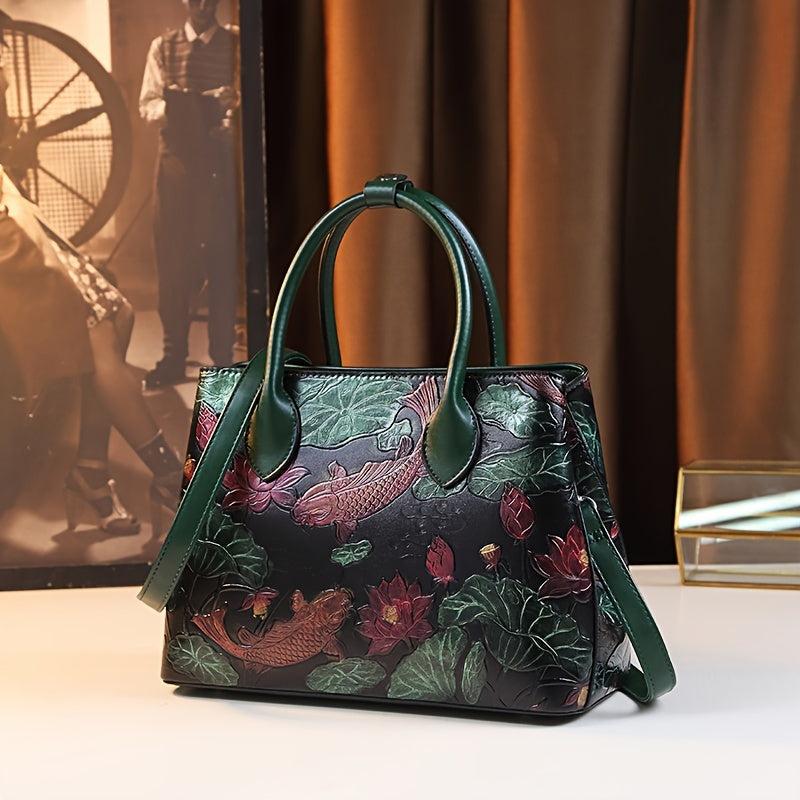 Hand Painted Koi Fish & Lotus Tote Bag - Large Capacity