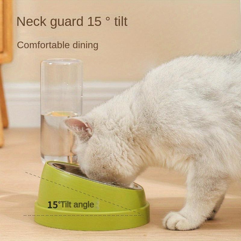 Automatic Double Bowl Pet Food & Water Bowl Neck Protection Stainless Steel