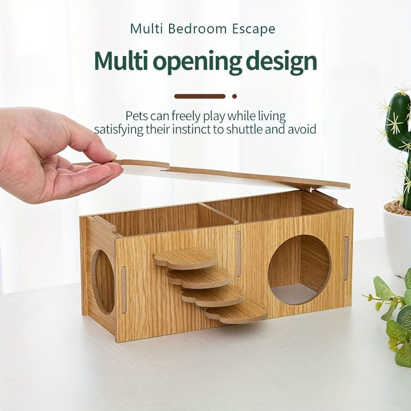 Hamster Hideout Cage Accessories Wooden Hide Hut with Platform for Small Animals