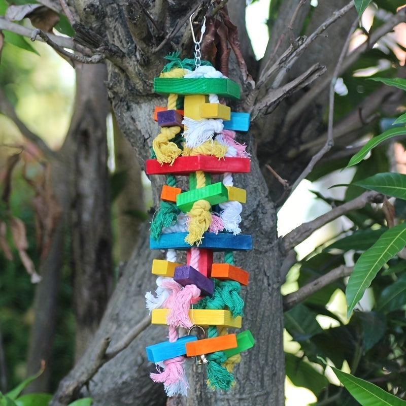 Colorful Parrot Chewing Toy with Rope, Wood Cage Bite Toy