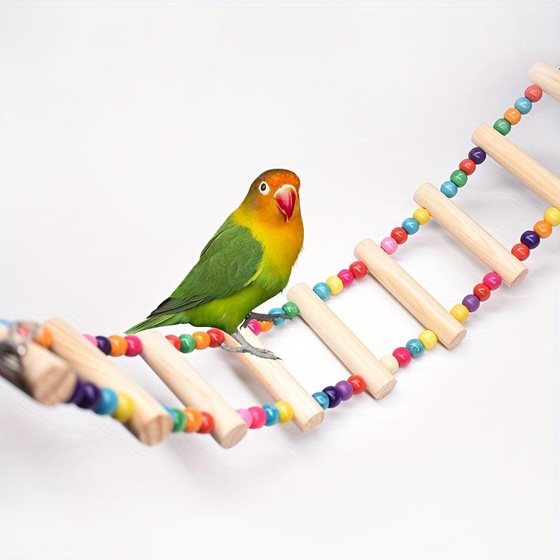Wood Parrot Bird Perch Stand Platform With 4 Ladders Swing Bridge