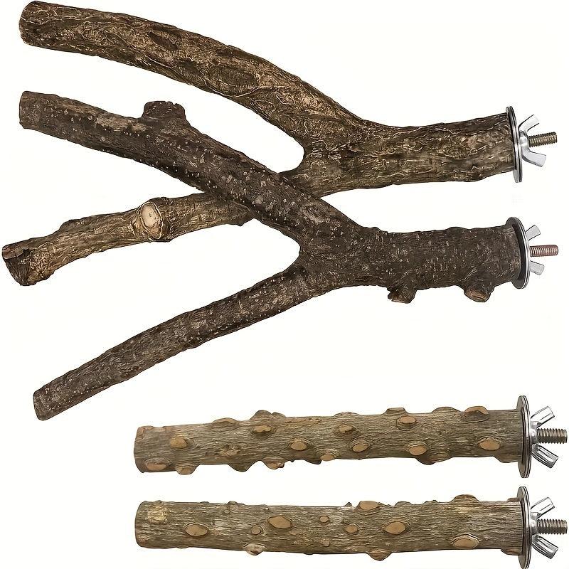 4pcs Nat. Wood Bird Perch Stands Parrots Cage Accessories Fun Toy