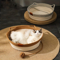 Handwoven Rattan Cat Nest Bed with Interactive Ball