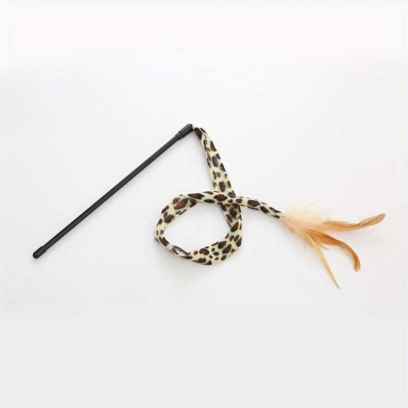 Interactive Cat Teaser Toy with Feathered Leopard Pattern Plush Stick