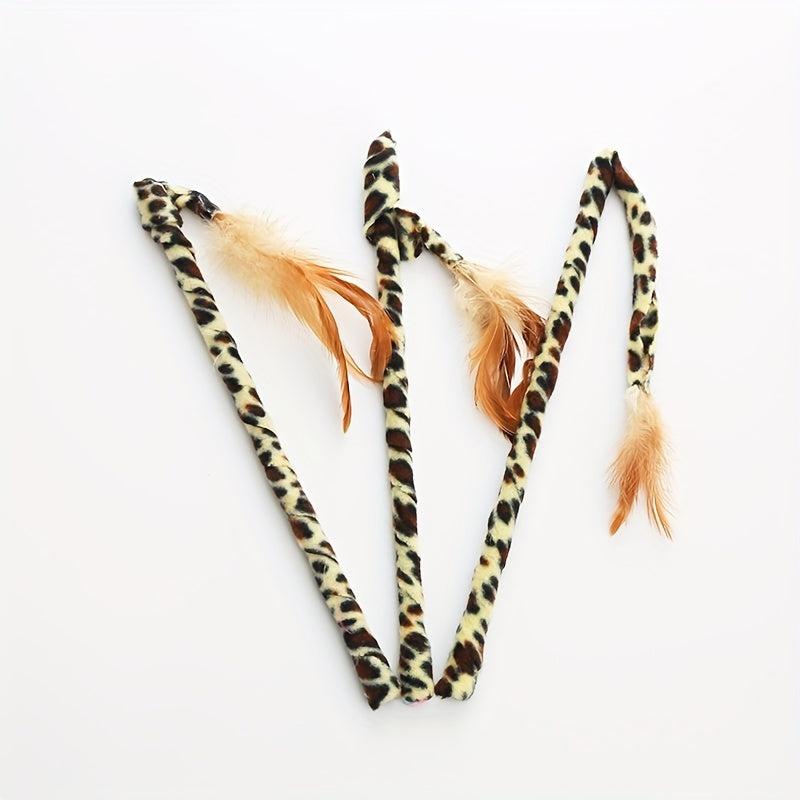 Interactive Cat Teaser Toy with Feathered Leopard Pattern Plush Stick
