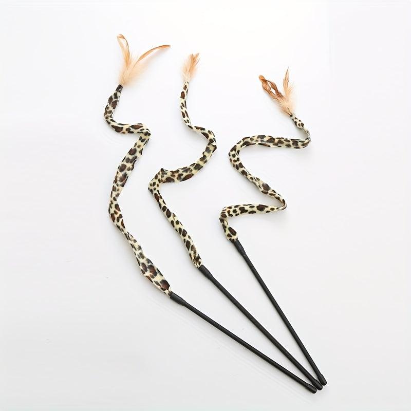 Interactive Cat Teaser Toy with Feathered Leopard Pattern Plush Stick