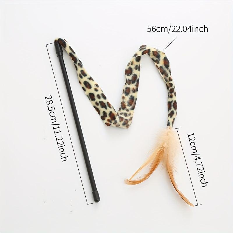 Interactive Cat Teaser Toy with Feathered Leopard Pattern Plush Stick