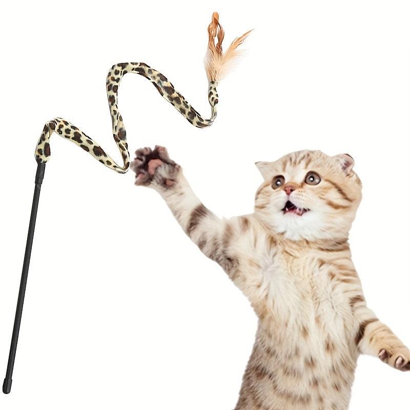 Interactive Cat Teaser Toy with Feathered Leopard Pattern Plush Stick