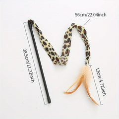 Interactive Cat Teaser Toy with Feathered Leopard Pattern Plush Stick