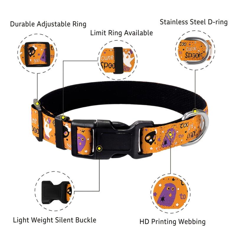 Halloween Dog Collar Pumpkin Bat Ghost Pattern Adjustable for Dogs