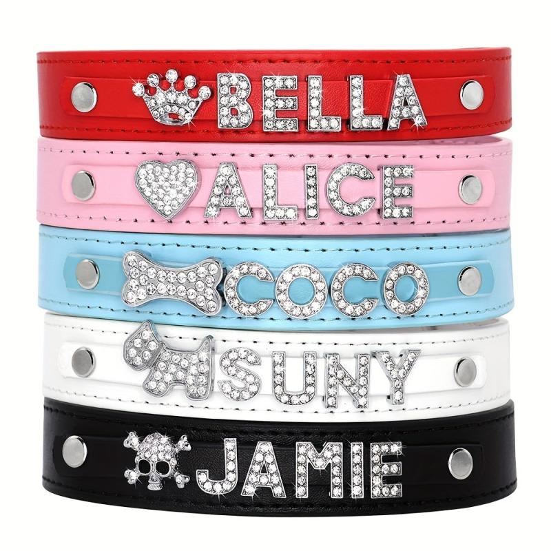 Personalized PU Leather Dog Collar with Rhinestone Heart, Star, ID Collars
