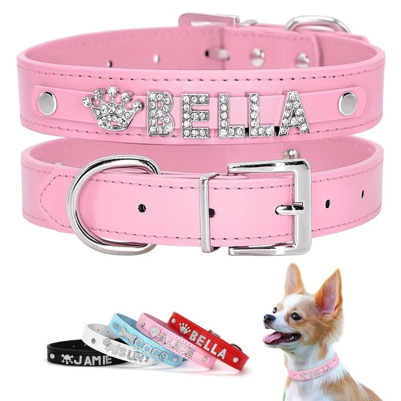 Personalized PU Leather Dog Collar with Rhinestone Heart, Star, ID Collars