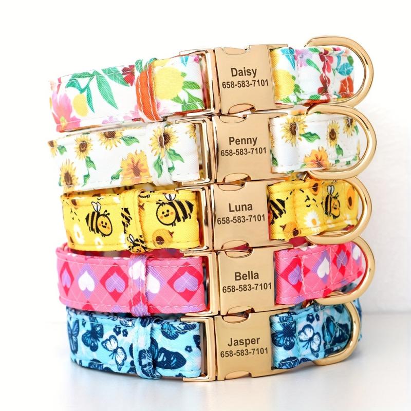 Personalized Dog Collar with Flower & Bee for Small & Large Dogs