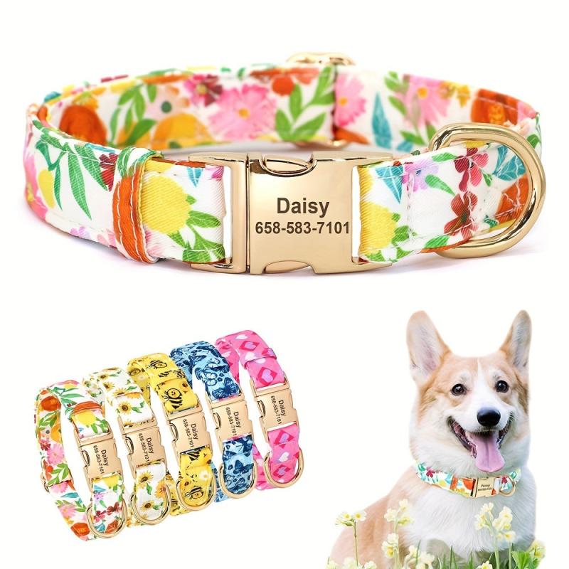 Personalized Dog Collar with Flower & Bee for Small & Large Dogs