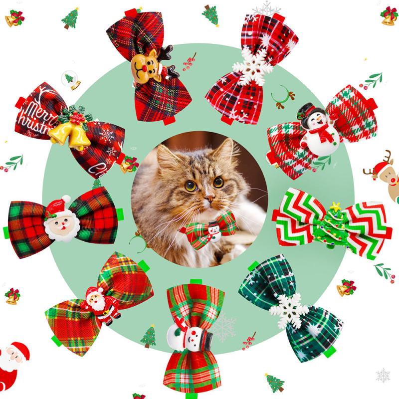 8pcs Christmas Bow Tie Collar Plaid Pet Bow Ties Adjustable Cat Dog Collars