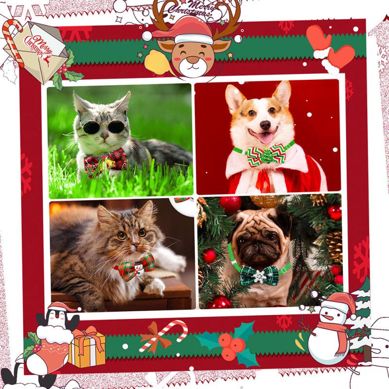 8pcs Christmas Bow Tie Collar Plaid Pet Bow Ties Adjustable Cat Dog Collars