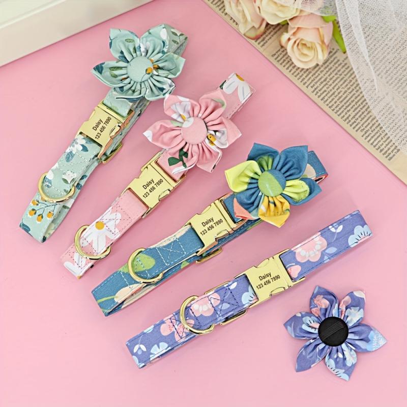 Flower Engraved Personalized Dog Collar - Adjustable Nylon Collar