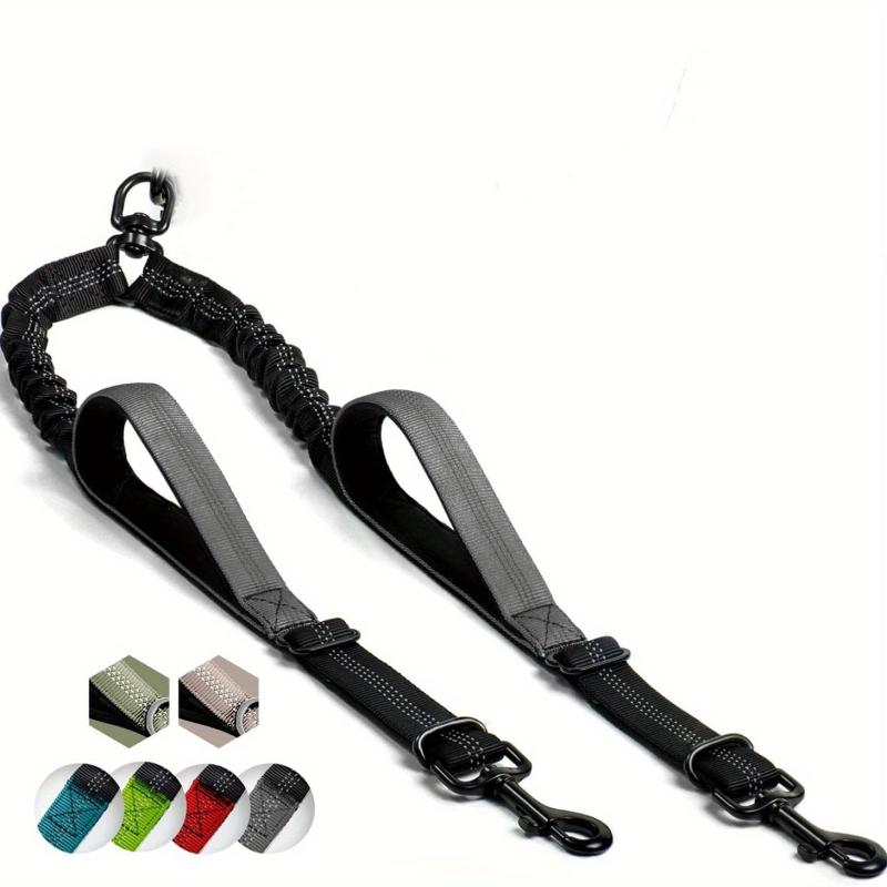 Dual Handle Double Dog Leash No Tangle Bungee Coupler Reflective Rope