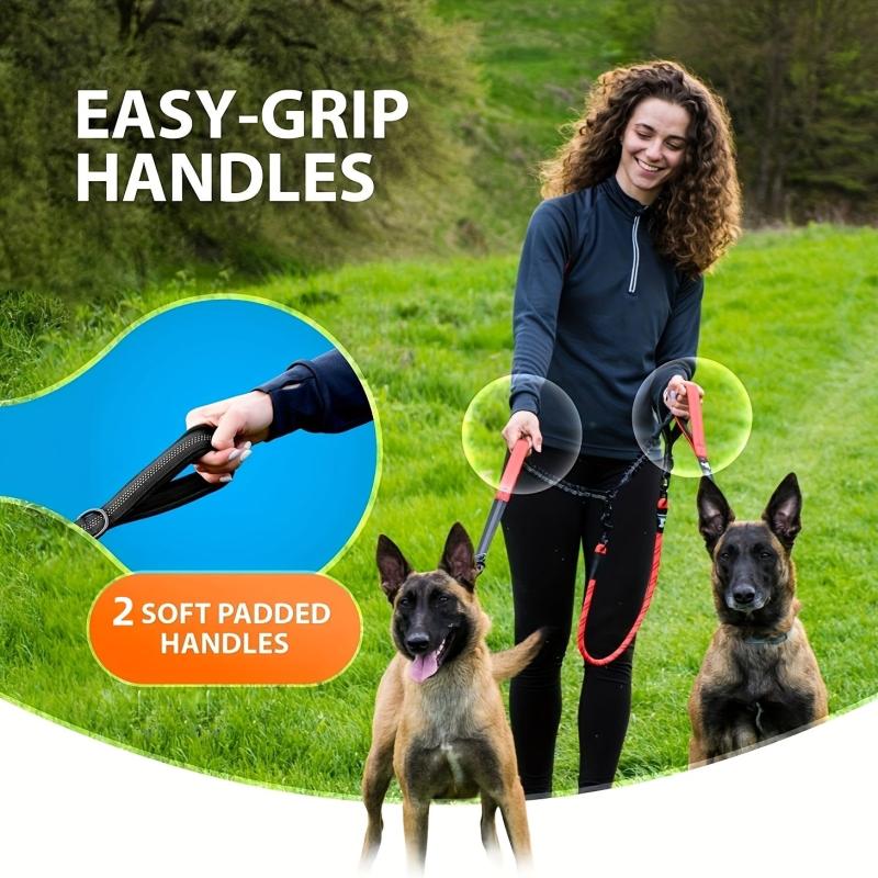 Dual Handle Double Dog Leash No Tangle Bungee Coupler Reflective Rope