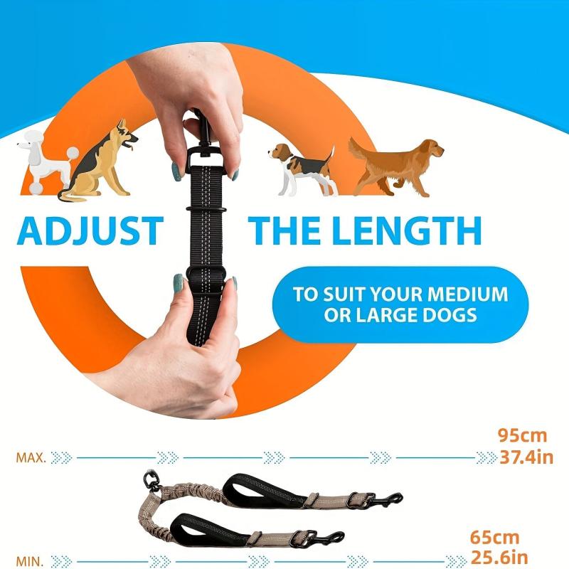 Dual Handle Double Dog Leash No Tangle Bungee Coupler Reflective Rope