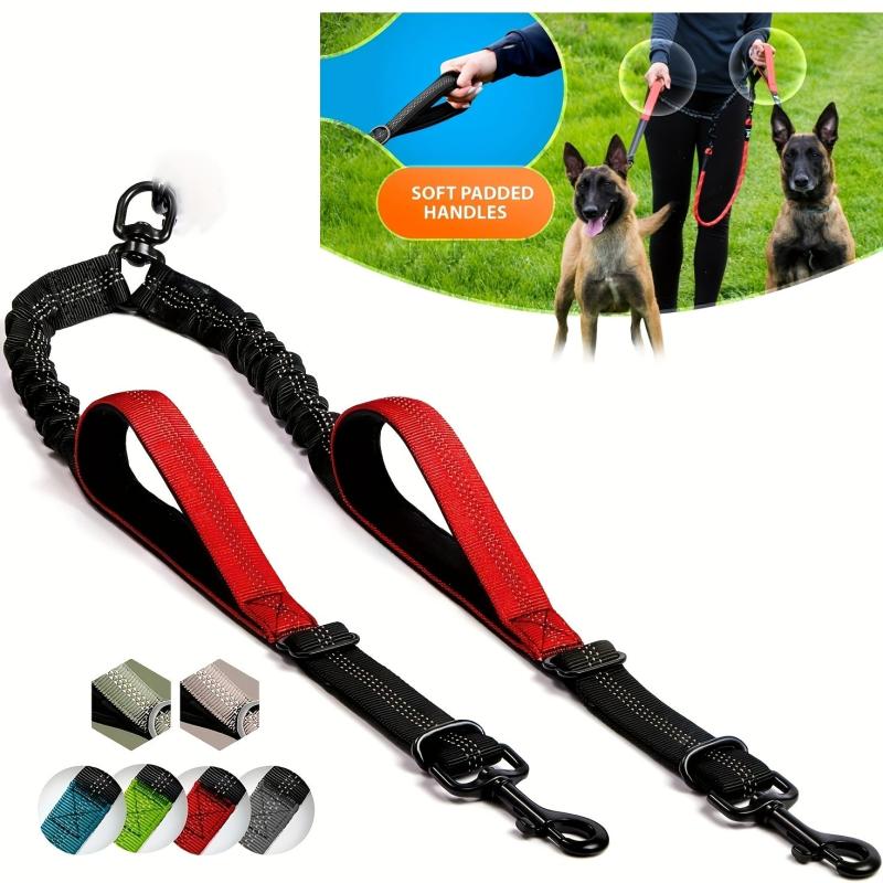 Dual Handle Double Dog Leash No Tangle Bungee Coupler Reflective Rope