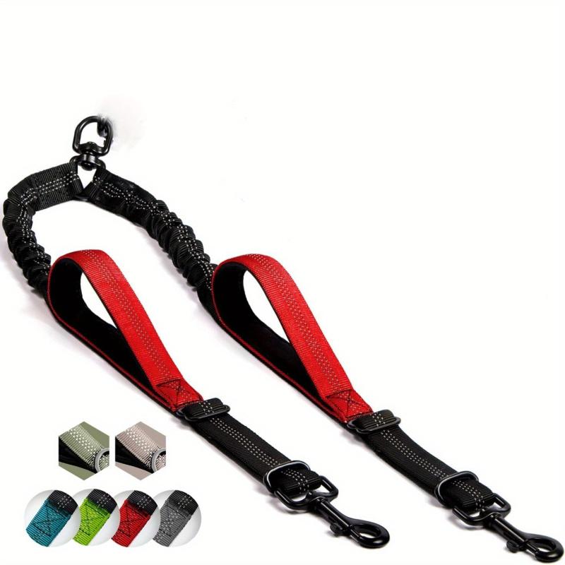 Dual Handle Double Dog Leash No Tangle Bungee Coupler Reflective Rope