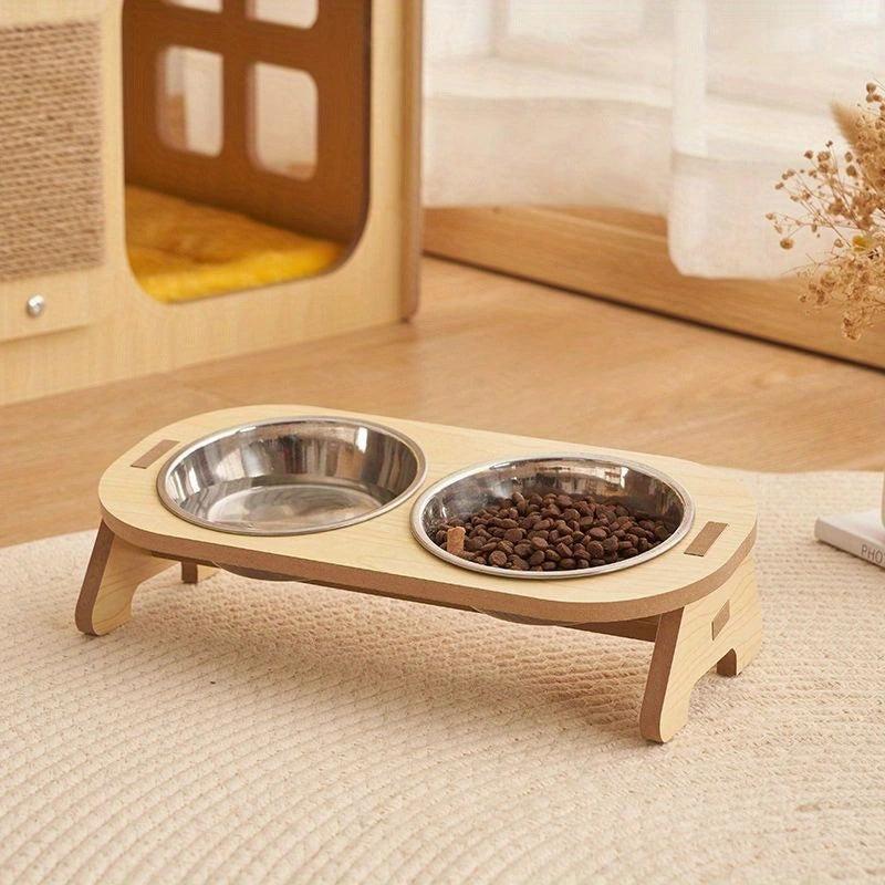 Elevated Cat Food Bowl on Wooden Stand Stainless Steel Basin